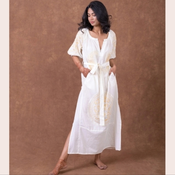 Rhea Dresses & Skirts - Rhea Handmade Cotton Silk Embroidered Floral Puffed Sleeve Bohemian Casual Midi